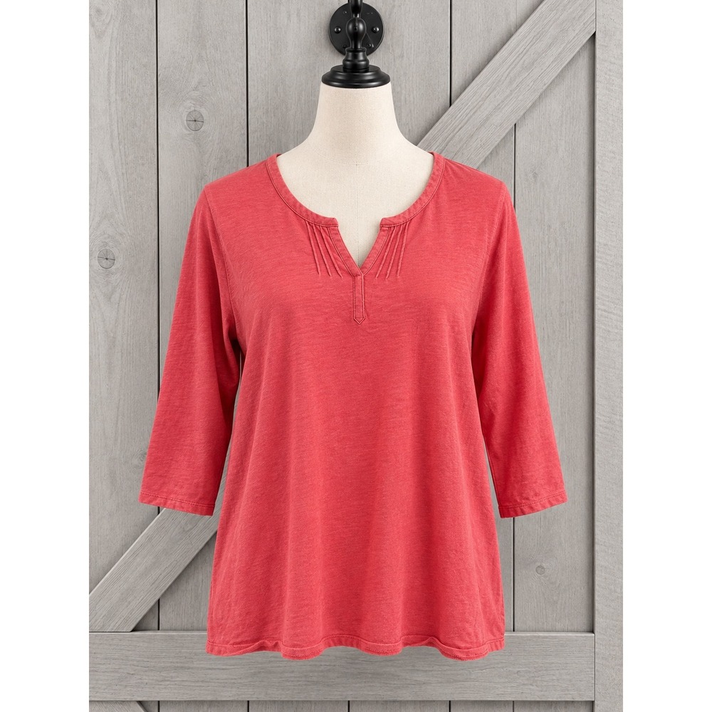 L.L. Bean Organic Cotton Tee Top Plus Size 3X Coral Pink Pintuck Split V-Neck